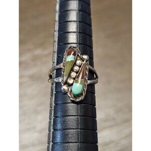 Swirling Vintage Zuni Turquoise Coral Sterling Silver Native American Ring Sz 7